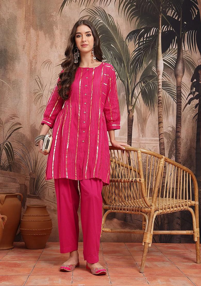 Fuchsia Woven Design Blended Kurta Set - Indya
