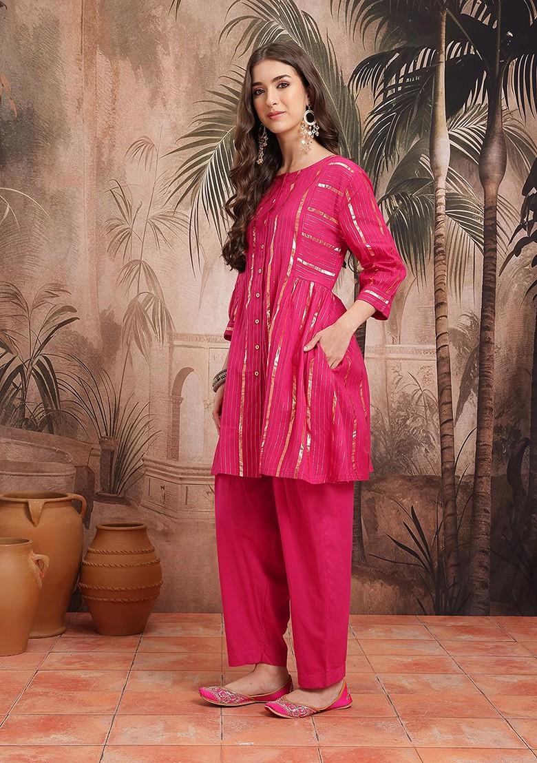 Fuchsia Woven Design Blended Kurta Set - Indya
