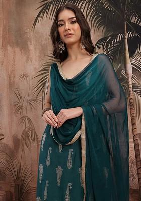 Teal Printed Blended Kurta Set