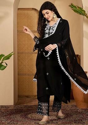 Black Embroidered Blended Kurta Set
