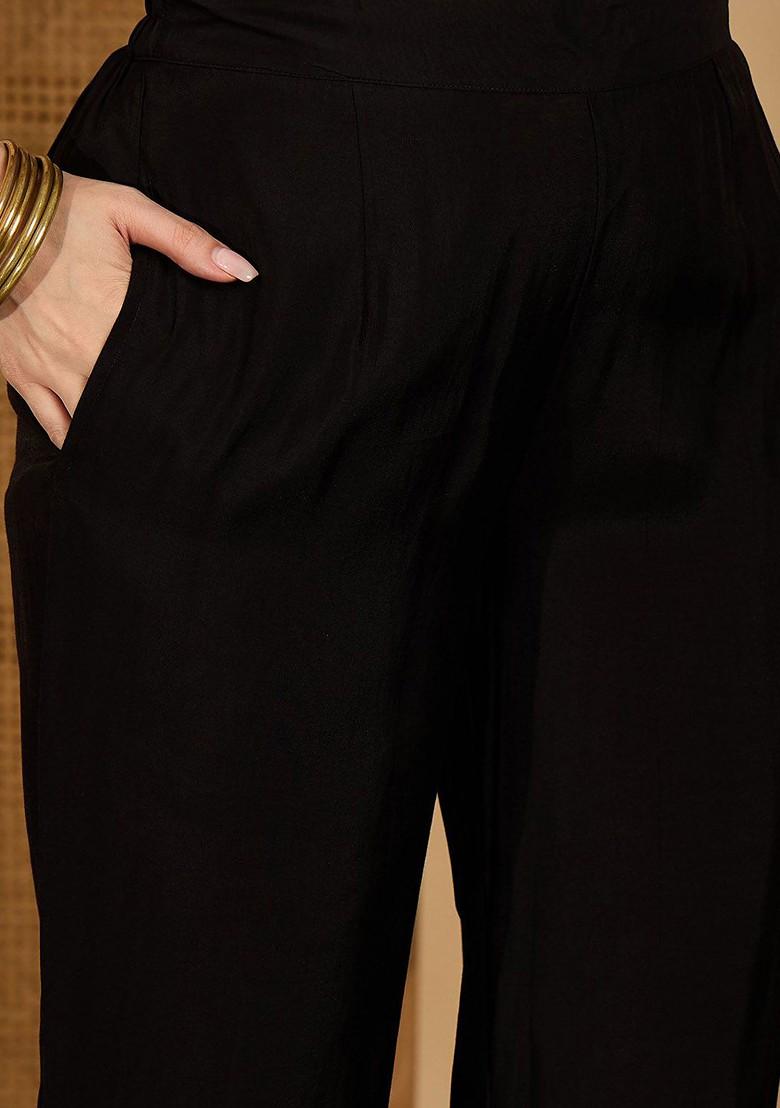 Black Embroidered Blended Kurta Set - Indya