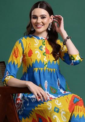 Yellow Printed Blended Kurta Set