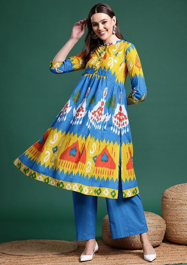 Yellow Printed Blended Kurta Set - Indya
