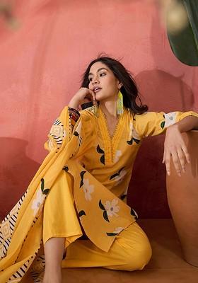 Yellow Printed Blended Kurta Set