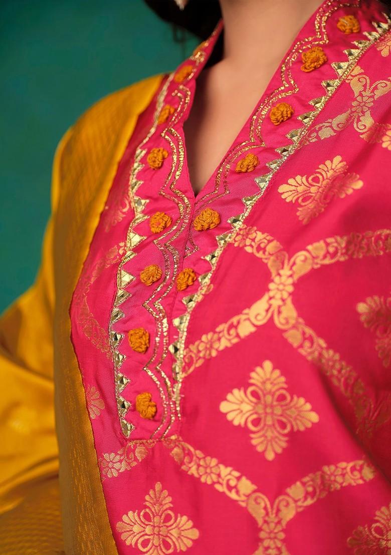 Pink Thread Work Blended Kurta Set - Indya