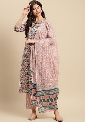 Peach Printed Blended Kurta Set