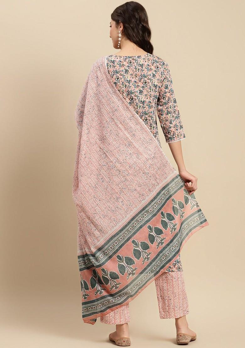 Peach Printed Blended Kurta Set - Indya