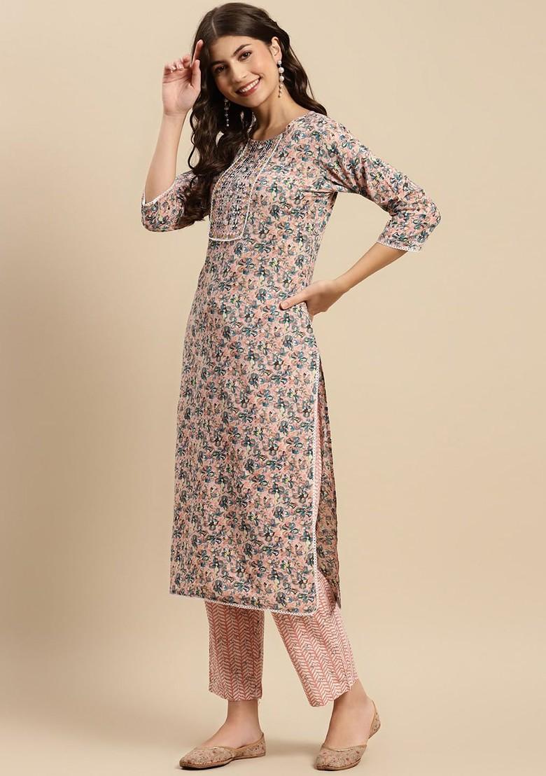 Peach Printed Blended Kurta Set - Indya