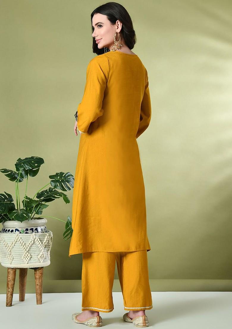 Mustard Sequinned Blended Kurta Set - Indya