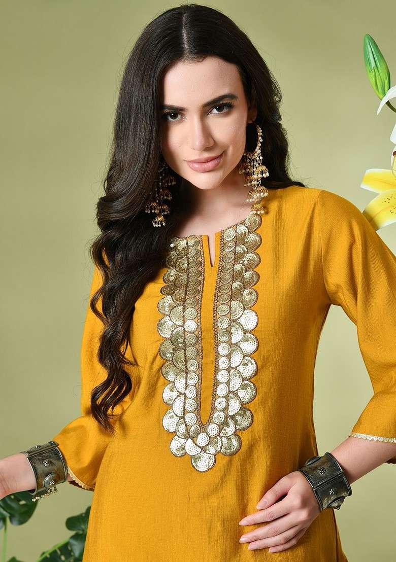 Mustard Sequinned Blended Kurta Set - Indya