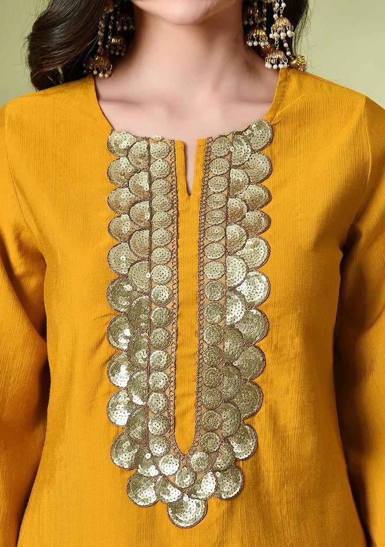 Mustard Sequinned Blended Kurta Set - Indya