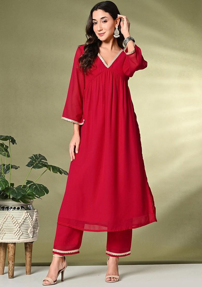 Maroon Solid Blended Kurta Set - Indya