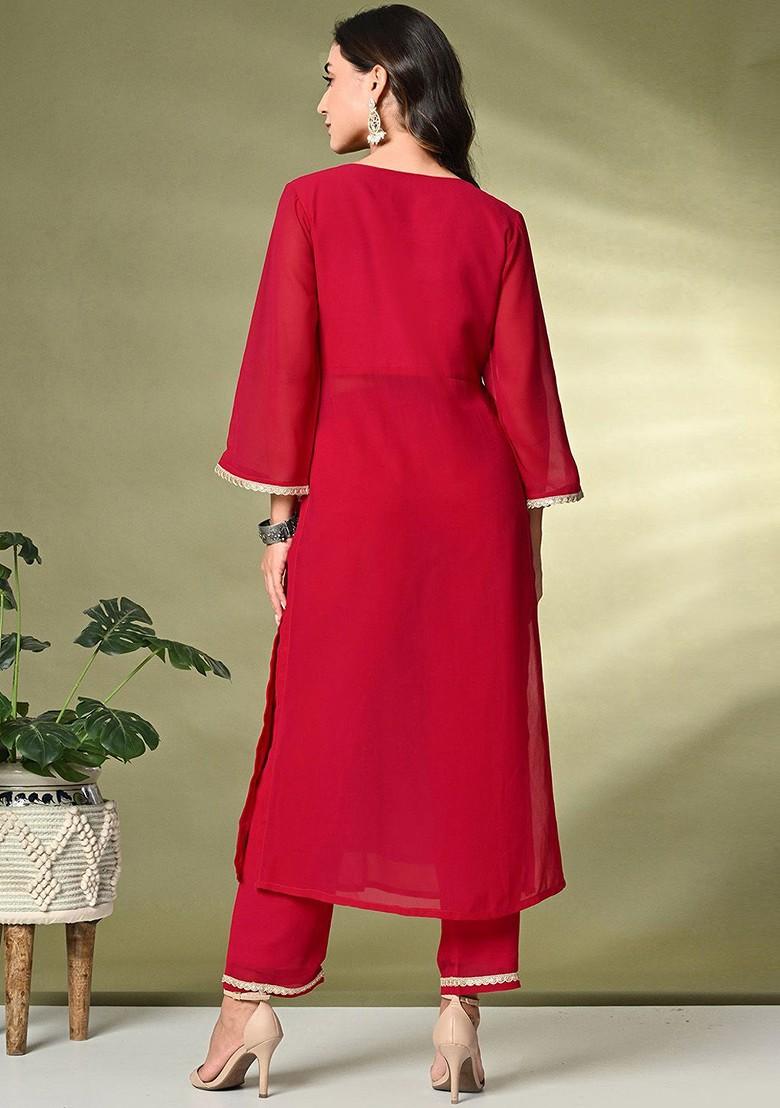 Maroon Solid Blended Kurta Set - Indya