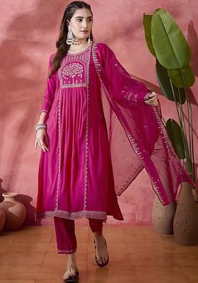 Magenta Embroidered Blended Kurta Set