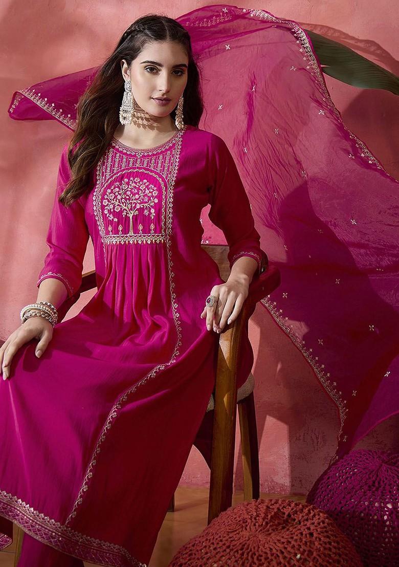 Magenta Embroidered Blended Kurta Set - Indya