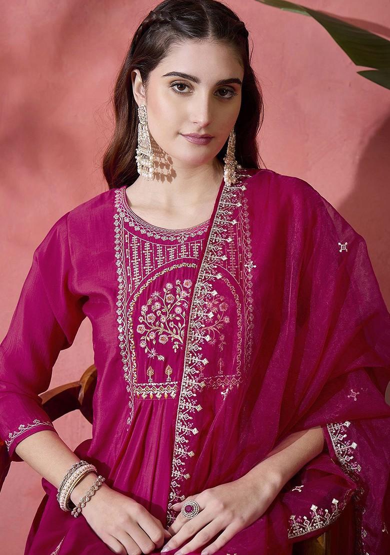 Magenta Embroidered Blended Kurta Set - Indya
