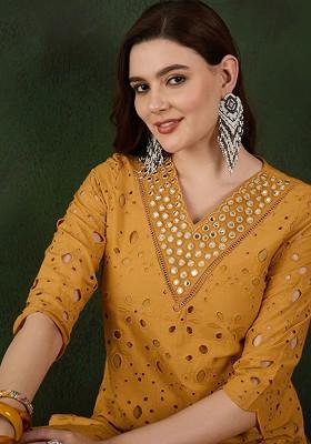 Mustard Embroidered Blended Kurta Set