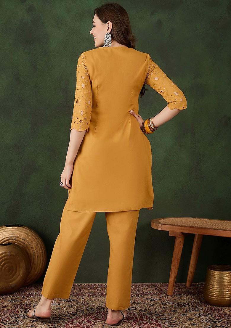 Mustard Embroidered Blended Kurta Set - Indya