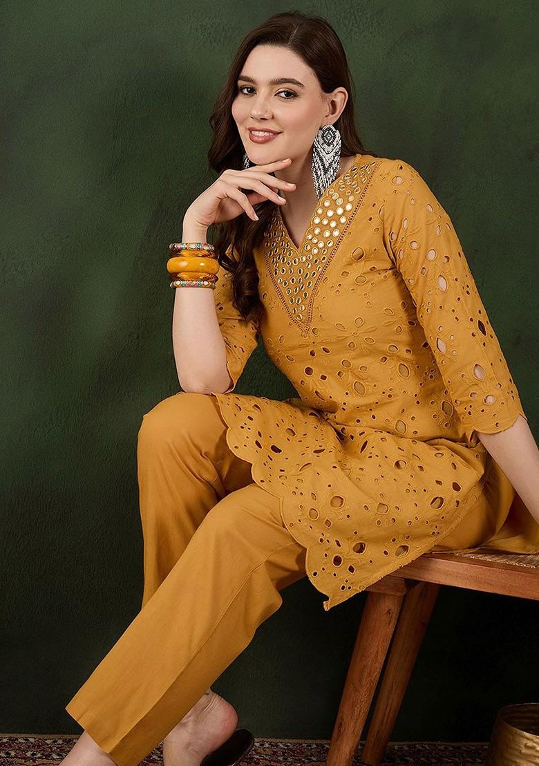 Mustard Embroidered Blended Kurta Set - Indya