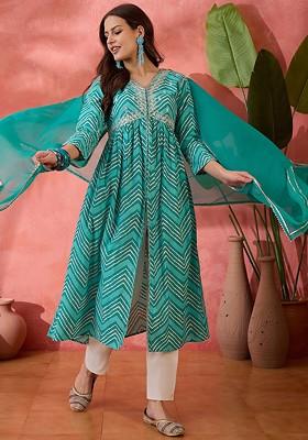 Turquoise Blue Printed Blended Kurta Set