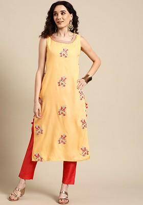 Yellow Embroidered Blended Kurta Set