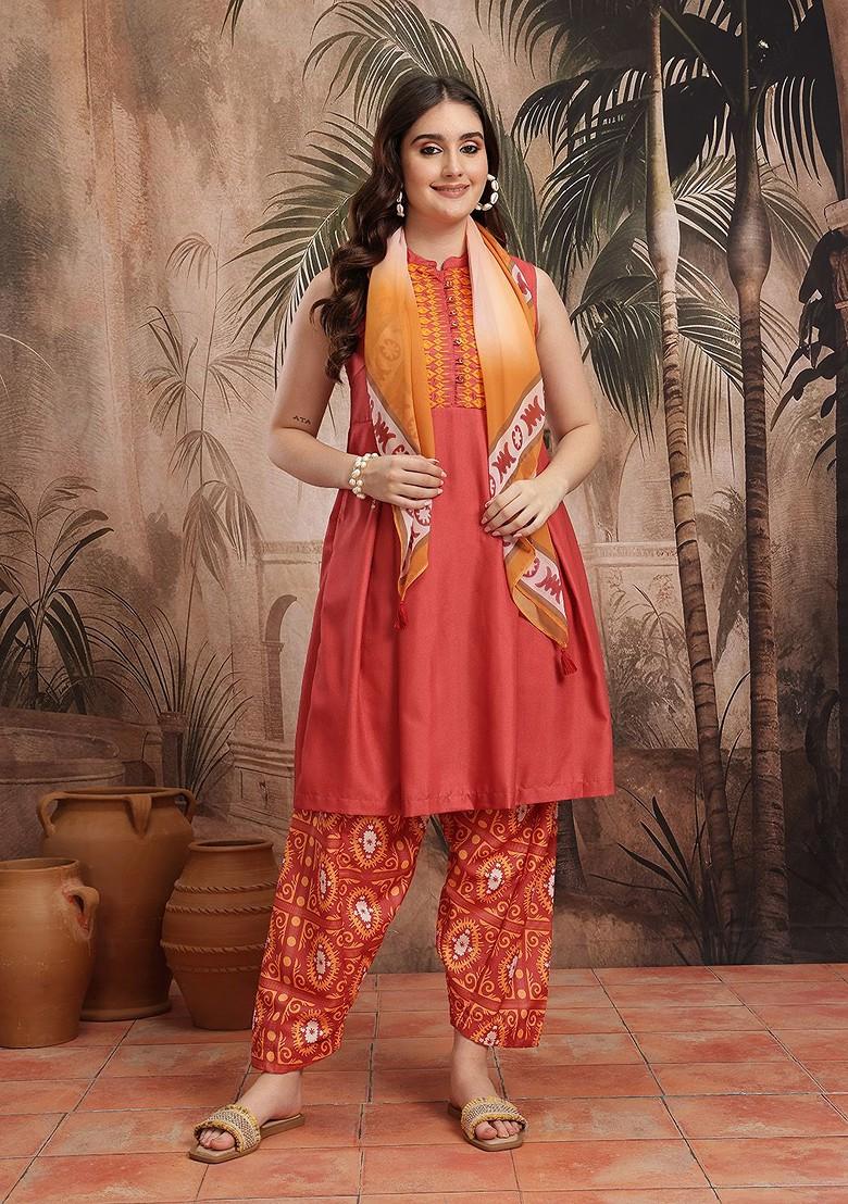 Rust Yoke Design Blended Kurta Set - Indya
