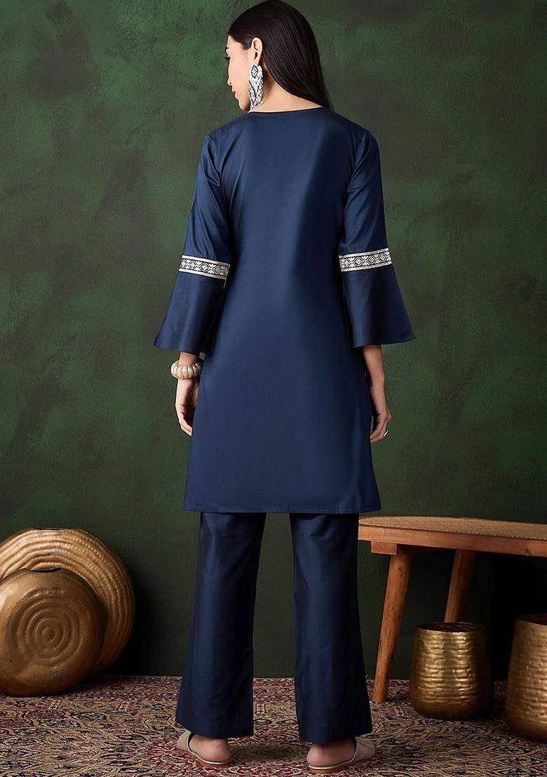 Navy Blue Thread Work Blended Kurta Set - Indya