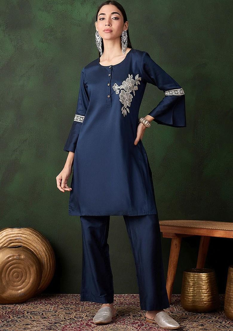 Navy Blue Thread Work Blended Kurta Set - Indya