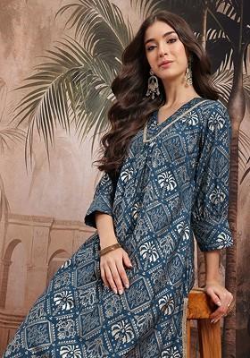 Teal Printed Blended Kurta Set
