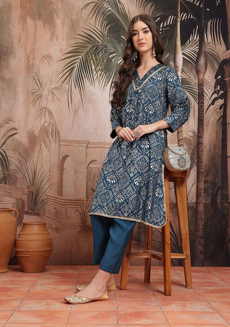 Teal Printed Blended Kurta Set - Indya