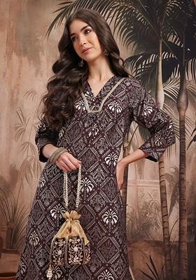 Burgundy Printed Blended Kurta Set