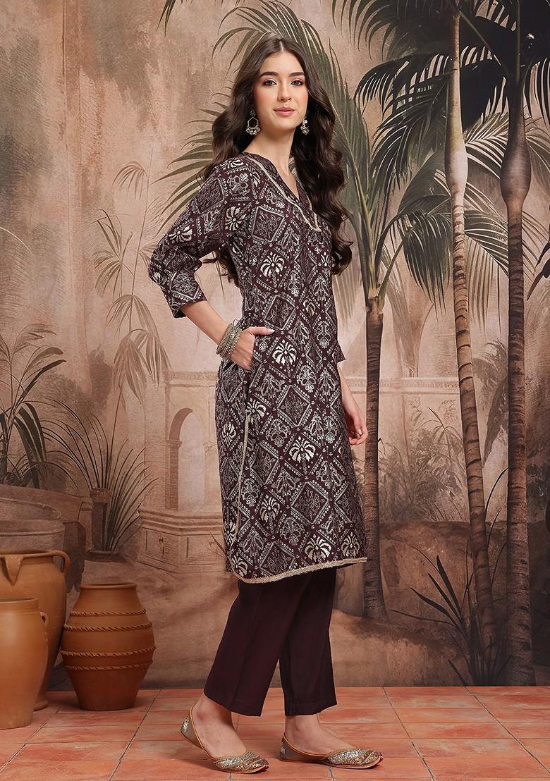 Burgundy Printed Blended Kurta Set - Indya