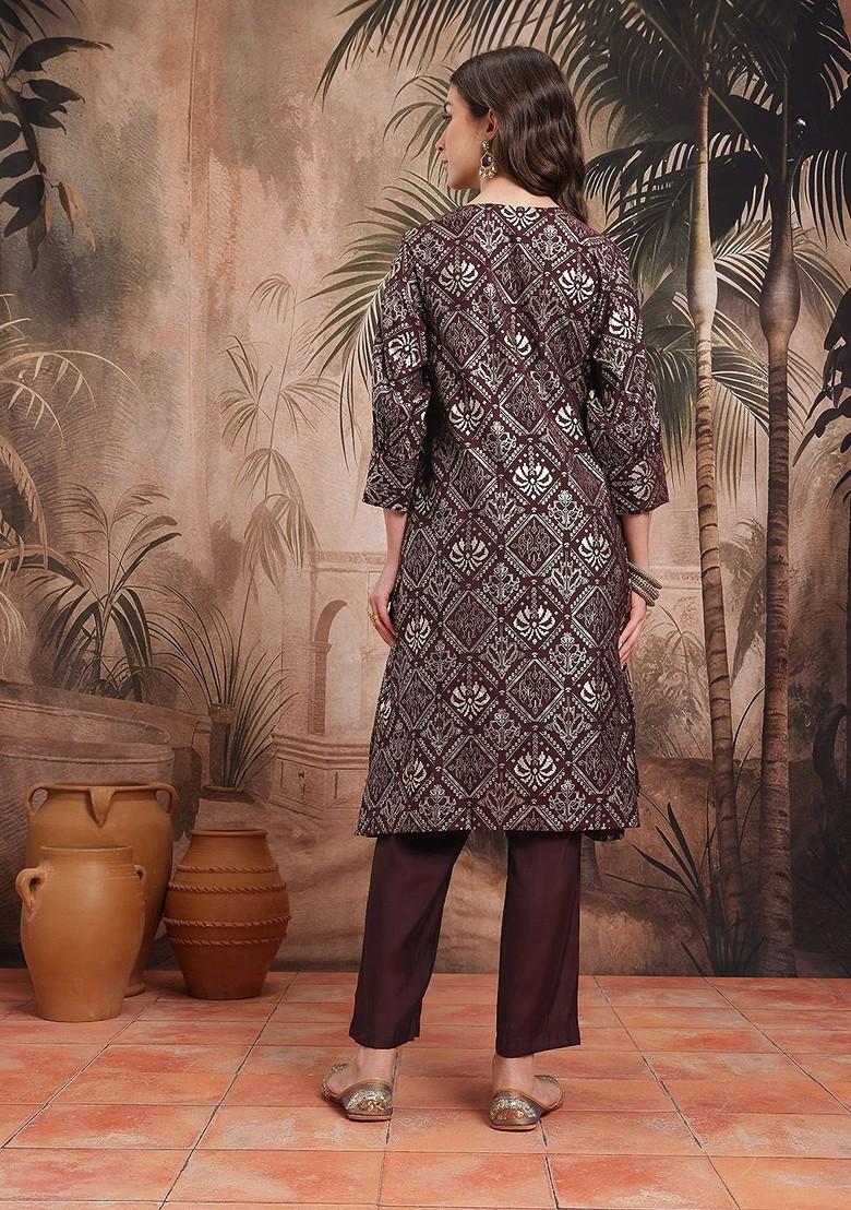 Burgundy Printed Blended Kurta Set - Indya