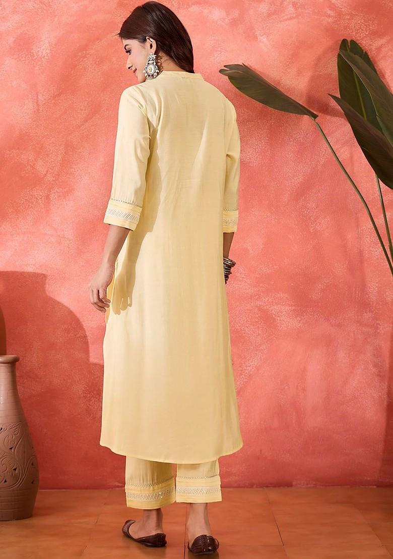 Cream Solid Blended Kurta Set - Indya