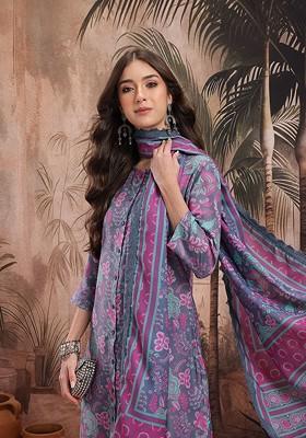 Grey Printed Blended Kurta Set
