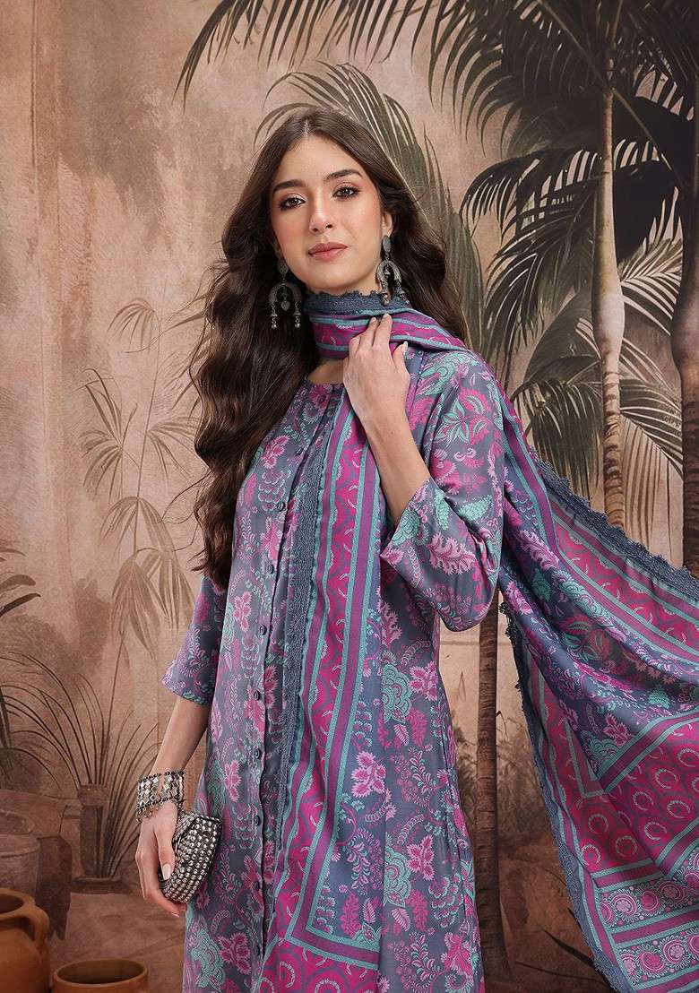 Grey Printed Blended Kurta Set - Indya