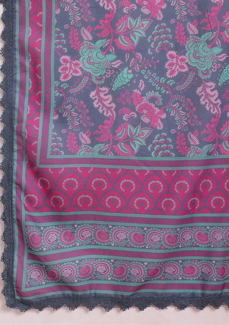 Grey Printed Blended Kurta Set - Indya