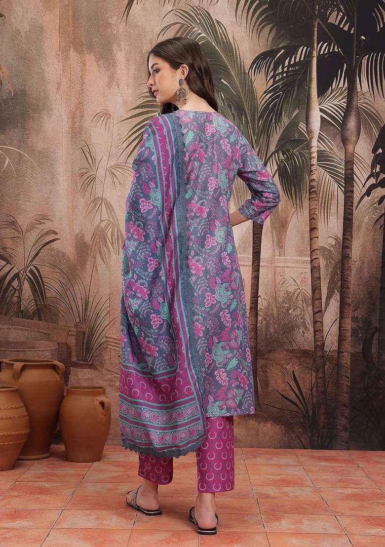 Grey Printed Blended Kurta Set - Indya