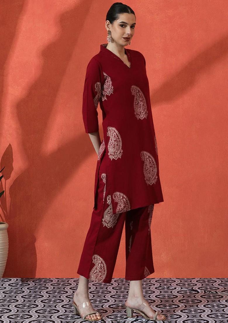 Maroon Printed Blended Kurta Set - Indya