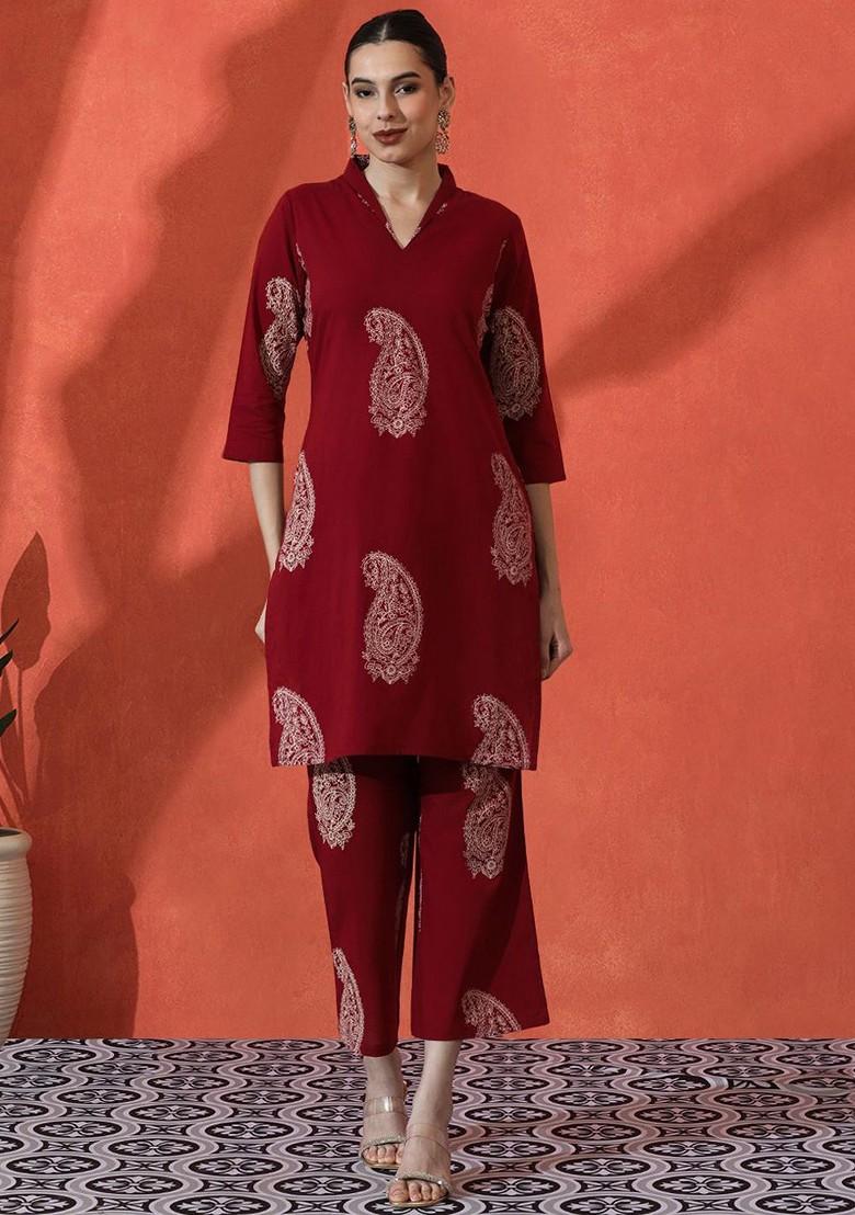 Maroon Printed Blended Kurta Set - Indya