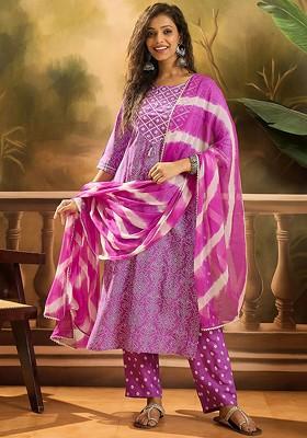 Purple Printed Blended Kurta Set