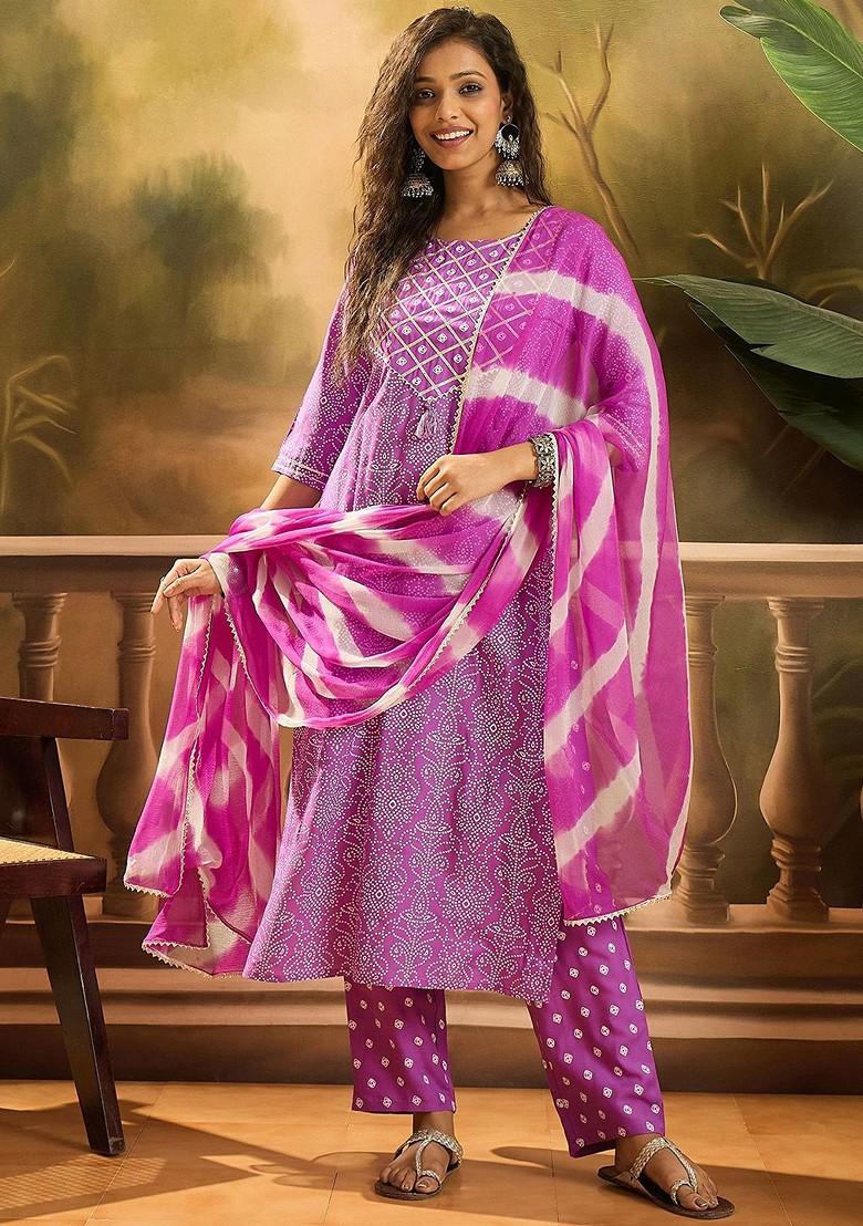 Purple Printed Blended Kurta Set - Indya
