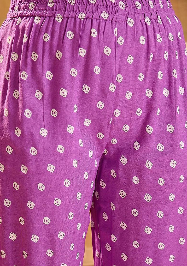 Purple Printed Blended Kurta Set - Indya