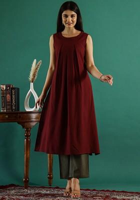 Burgundy Solid Blended Kurta Set