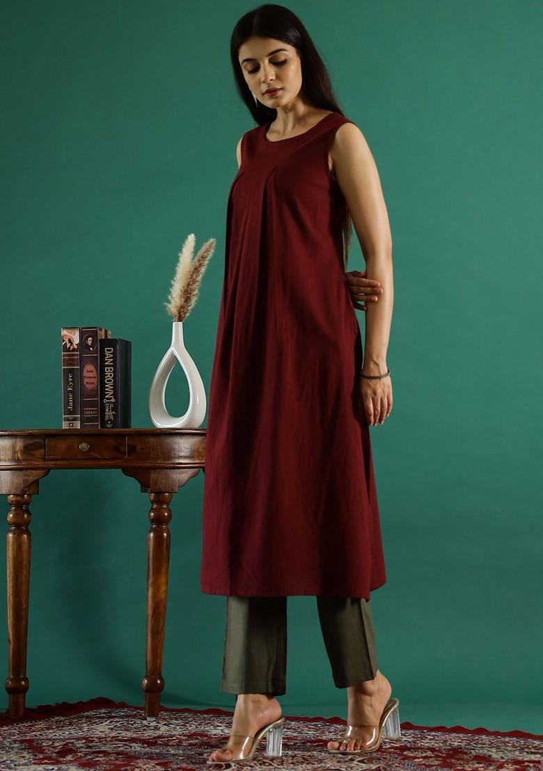 Burgundy Solid Blended Kurta Set - Indya