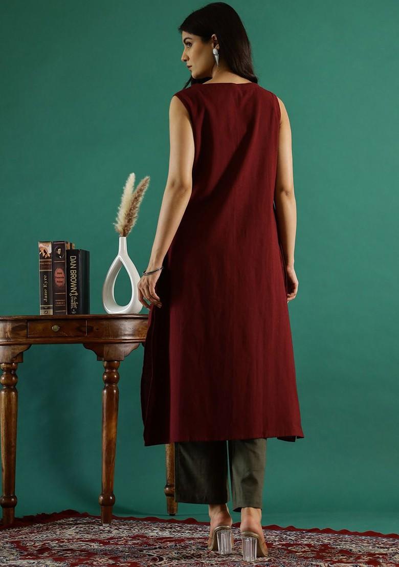 Burgundy Solid Blended Kurta Set - Indya
