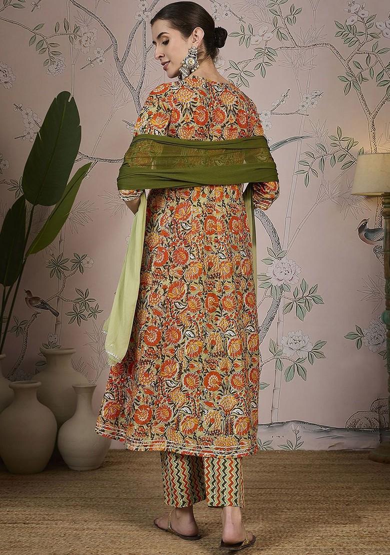 Olive Printed Blended Kurta Set - Indya