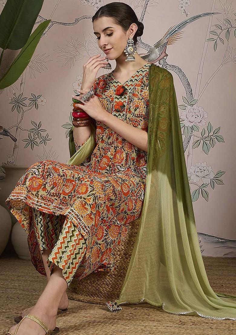 Olive Printed Blended Kurta Set - Indya