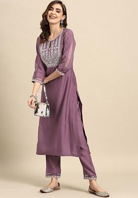 Mauve Embroidered Blended Kurta Set