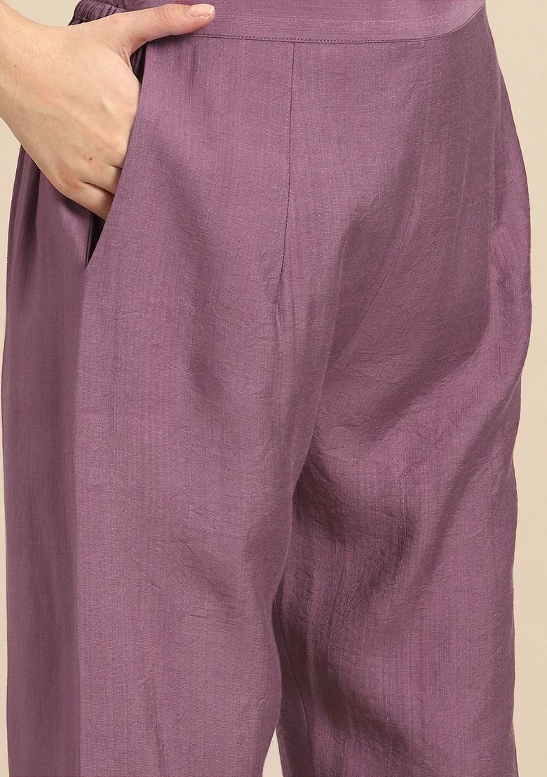 Mauve Embroidered Blended Kurta Set - Indya